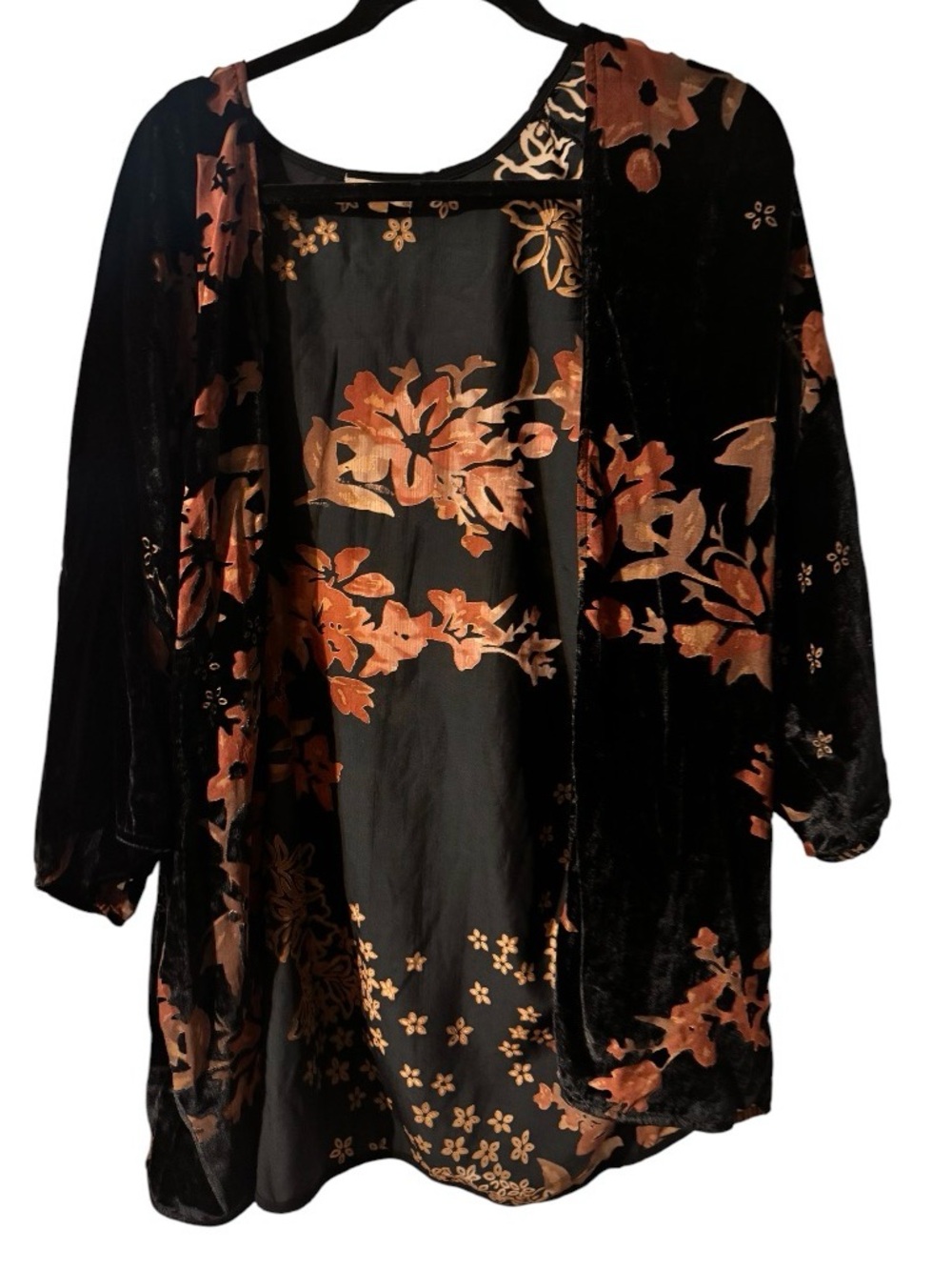 Black Velvet Floral Kimono Robe with Coral Floral Burnout